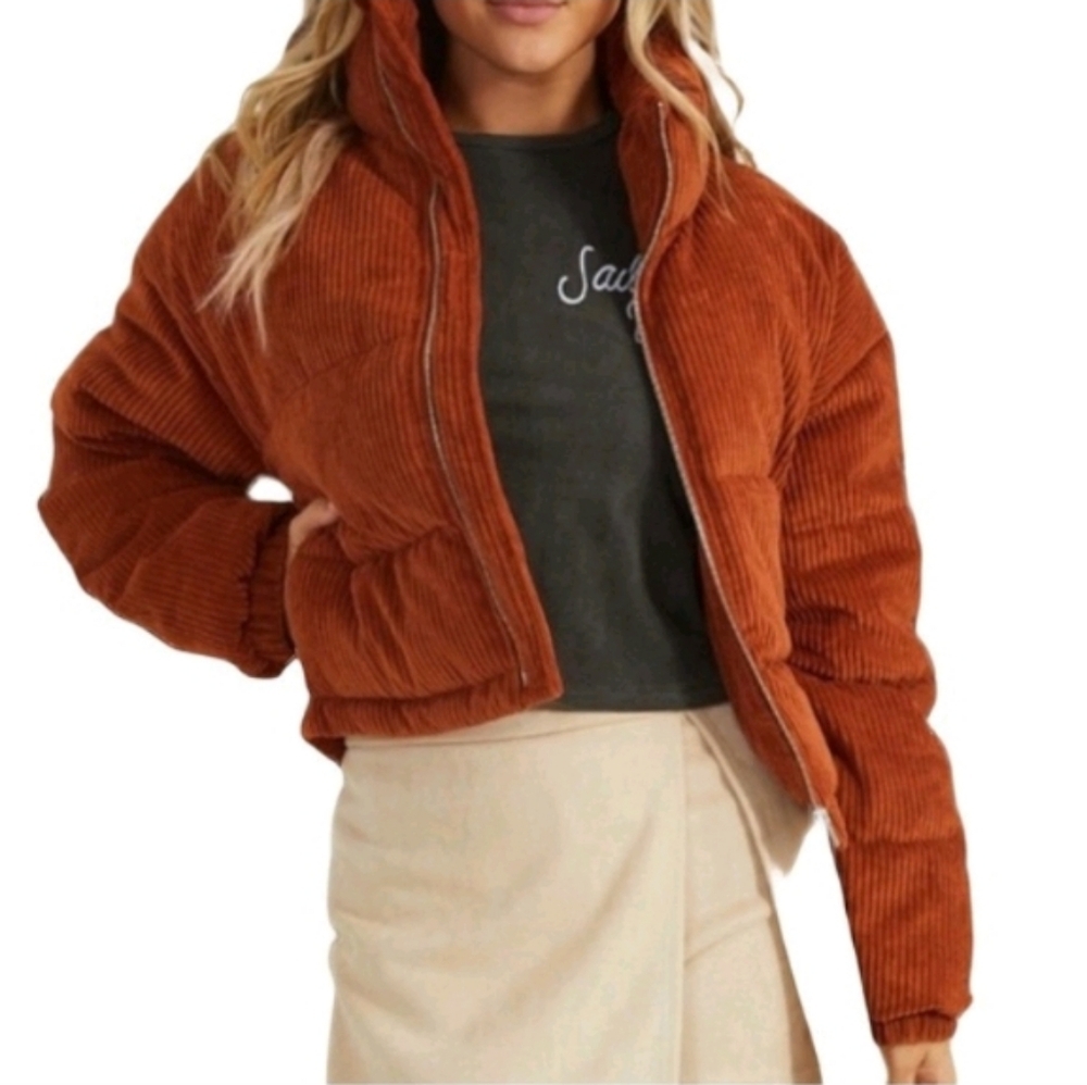 NWT Altar'd State Aria Corduroy Crop Full Zip Rust Puffy Oversized jacket Sz Xl